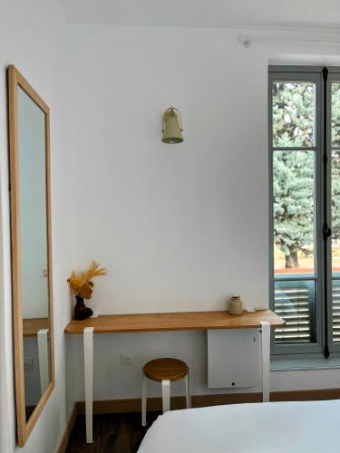 a bedroom with a desk and a mirror and a bed at Le Ginkgo in Autun