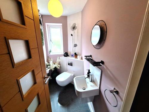 a bathroom with a toilet and a sink and a mirror at Stylish Escape With Wood-Fired Hot Tub in Norwich