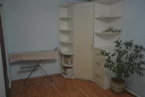 een kamer met een potplant en een boekenplank bij Run İn Joy Hostel in Qostanaj