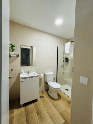 a bathroom with a toilet and a sink and a shower at Libertad A in Santiponce