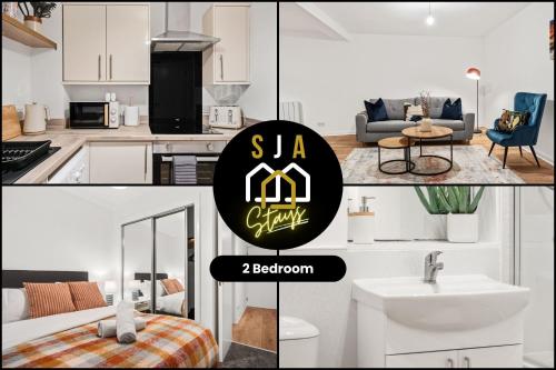 a collage of photos of a kitchen and a living room at Lochy Stay - SJA Stays - Modern 2 Bed Apartment in Aberdeen
