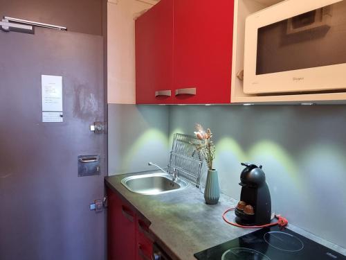 une cuisine avec des armoires rouges et un évier dans l'établissement Appartement fonctionnel au pied des pistes - 5 pers, animaux admis - FR-1-181-2700, à Aime La Plagne