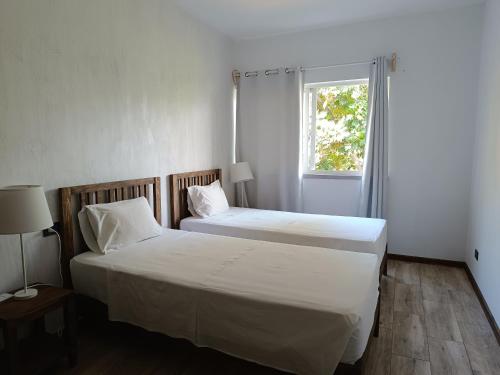 PaulにあるOasis Paul Residencialの窓のある小さな部屋にベッドが2つある
