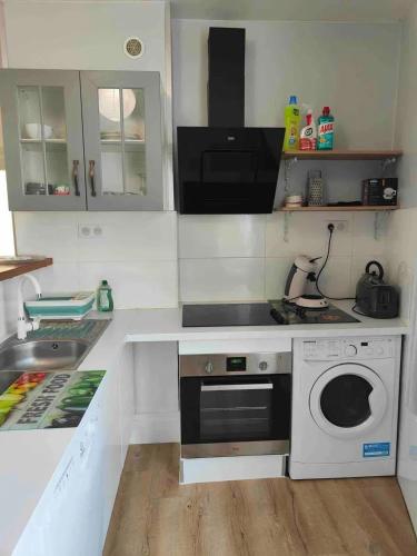 une cuisine avec une machine à laver et un évier dans l'établissement Appartement chaleureux à Néris-les-Bains - 57 m² avec terrasse, à Néris-les-Bains