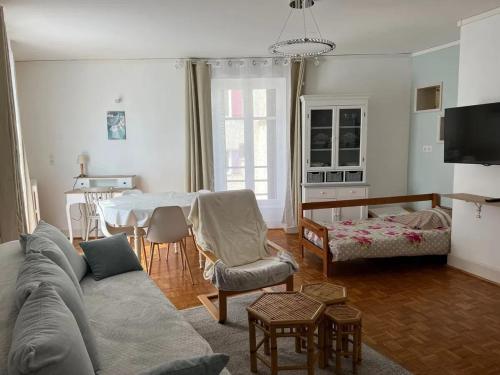 un salon avec un canapé et une table dans l'établissement Appartement confortable à Néris-les-Bains avec parking gratuit, à Néris-les-Bains