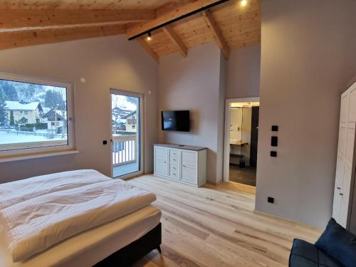 a bedroom with a bed and a tv and a window at Schlossalm Appartement in Bad Hofgastein