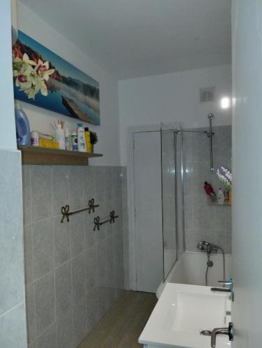a bathroom with a shower and a sink at Quarto C in Lisbon