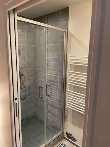une douche avec une porte vitrée dans une salle de bain dans l'établissement Paris 16e arrondissement superbe 45 m2 plein sud, à Paris
