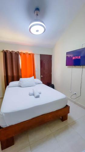 a bed in a room with a tv on the wall at Hotel Turístico Marian in Las Terrenas