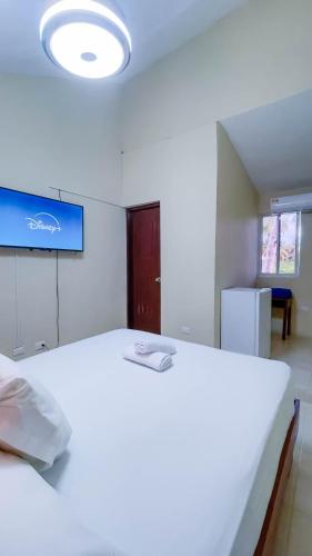 a bedroom with a large white bed and a tv at Hotel Turístico Marian in Las Terrenas