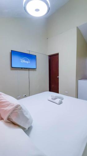 a bedroom with a bed with a tv on the wall at Hotel Turístico Marian in Las Terrenas