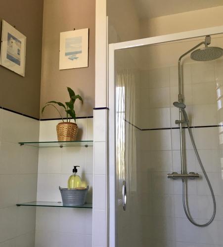 La salle de bains est pourvue d'une douche avec une porte vitrée. dans l'établissement La Maison de l'Andelot, à Monteignet-sur-lʼAndelot