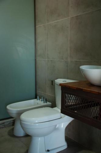 a bathroom with a white toilet and a sink at Complejo Turístico Chachingo in Maipú