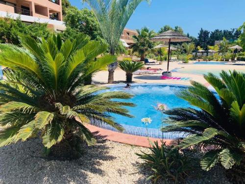 a swimming pool with palm trees in a resort at Aphrodite gardens 2 bedroom in Paphos City