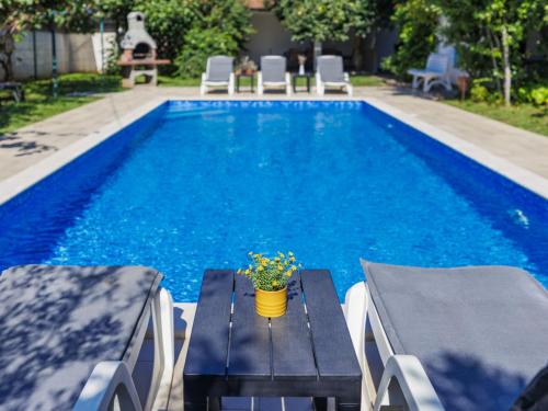 a pool with two chairs and a table with a plant on it at Holiday Home Villa Toni by Interhome in Umag