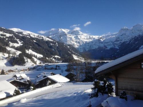 a snow covered mountain with a house in the foreground at Apartment Rottäli OG by Interhome in Lenk