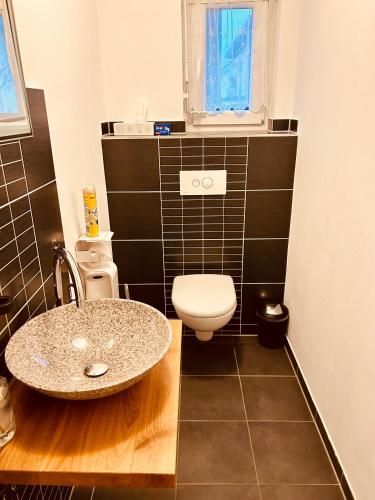 a bathroom with a sink and a toilet at Gästehaus Dolce Vita in Rust