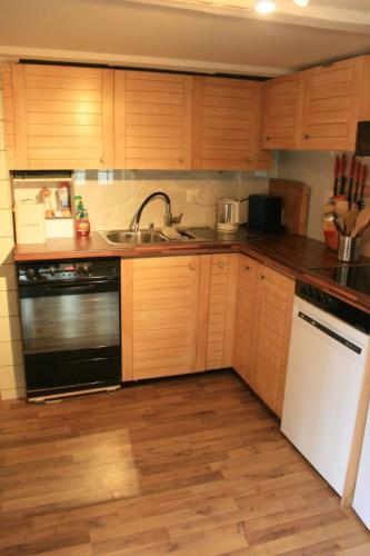 a kitchen with wooden cabinets and a black and white dishwasher at Apartment Chalet Bifigen by Interhome in Kandergrund
