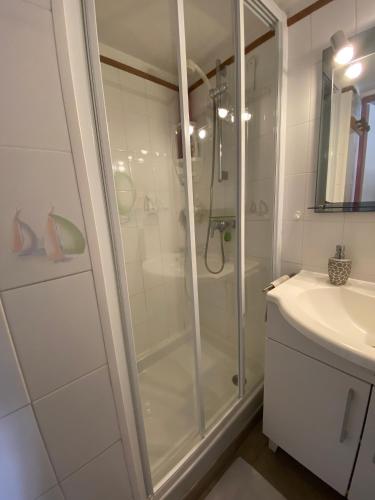 une salle de bain avec douche et lavabo dans l'établissement Villa 5 pers climatisée terrasse et parking proche plage - V0264, à Vias