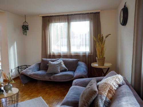 a living room with a blue couch and a window at Apartment Mountain View by Interhome in Frutigen