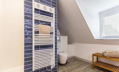 a bathroom with a shower with blue tiles at Villa du Vieux Château in Les Andelys