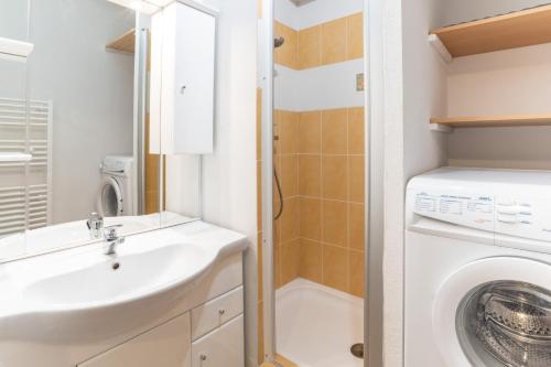 une salle de bain avec un lavabo et une machine à laver dans l'établissement La Joue du Loup, appartement pour 4 avec terrasse, à Saint-Étienne-en-Dévoluy