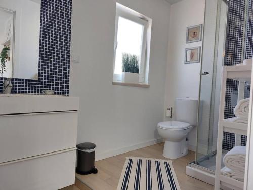 Un baño blanco con inodoro y ventana. en Apartment Oceans Window, en Ericeira