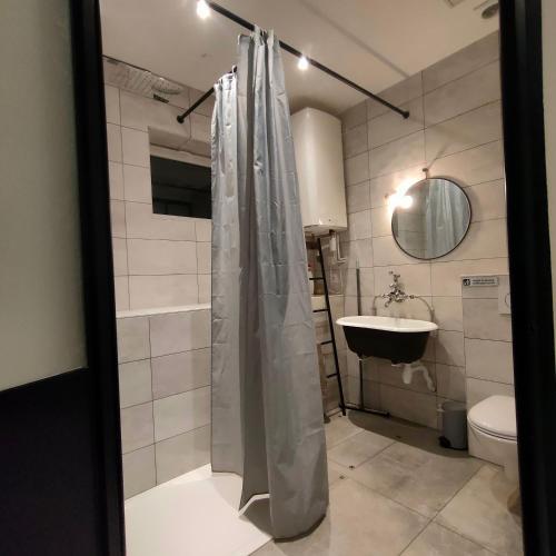 une salle de bain avec douche et lavabo dans l'établissement Gites du Longevent Appartement du Moulin Pérouges, à Meximieux