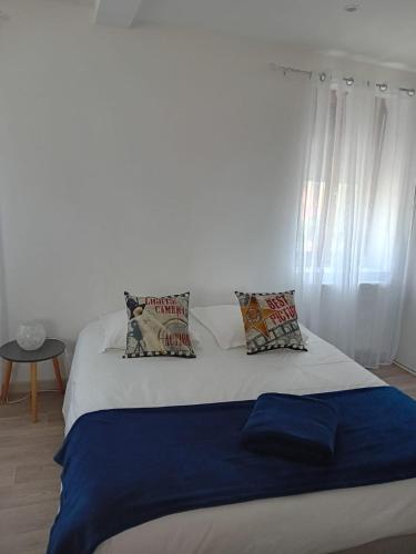 un lit avec des oreillers dessus dans une chambre dans l'établissement Gîte le pont de la Loire, à Bourbon-Lancy