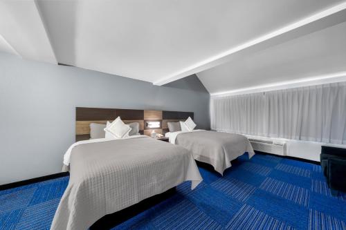 a hotel room with two beds and a blue carpet at Admiralty Inn & Suites - a Red Collection Hotel in Falmouth