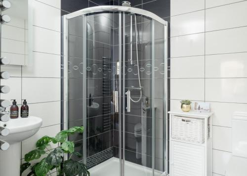 una doccia con una porta in vetro in un bagno di Tawny Lodge Aviemore at Caledonian Escapes ad Aviemore