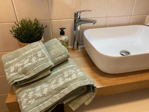 a sink and towels on a wooden counter in a bathroom at La casetta al parco in Ponte San Nicolo
