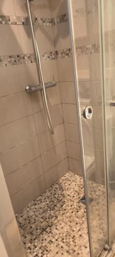 La salle de bains est pourvue d'une douche et d'une porte en verre. dans l'établissement maison de village, à La Valette-du-Var