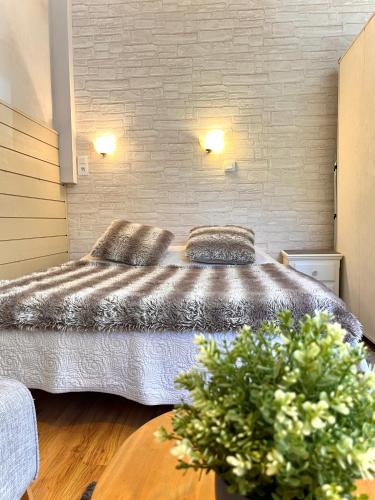 une chambre avec un lit et une table avec des plantes dans l'établissement Charmant studio avec jardin, 2pers, centre-ville, à Cauterets