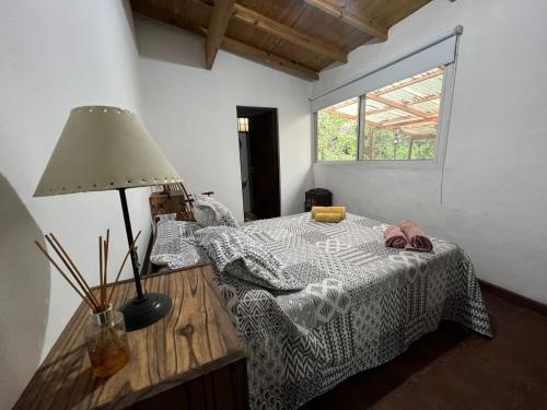a bedroom with a bed and a lamp on a table at Casa del Bosque in Mar del Plata