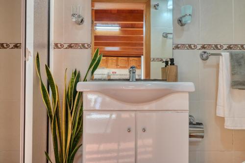 a bathroom with a sink and a mirror at Ocean View Cottage a Home in Madeira in Fajã da Ovelha
