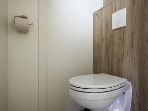 a bathroom with a white toilet and a roll of toilet paper at Woodchalet in Vessem