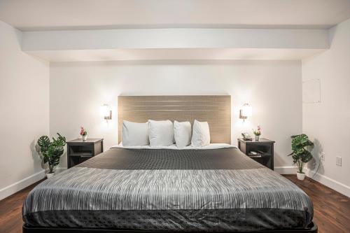 a bedroom with a large bed with two night stands at The Greens Hotel on Del Paso in Sacramento