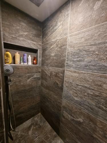 La salle de bains est pourvue d'une douche avec du carrelage brun. dans l'établissement Signal du Prorel Briançon Serre Chevalier 