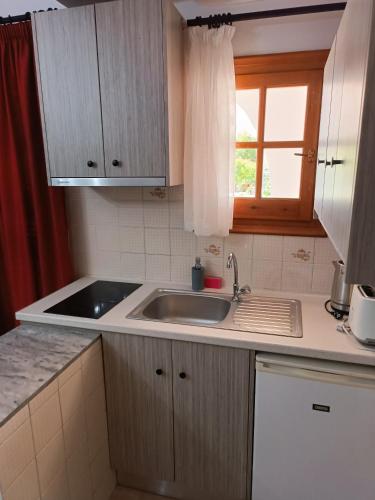 a small kitchen with a sink and a window at Sofia Beach Apartments in Kavos