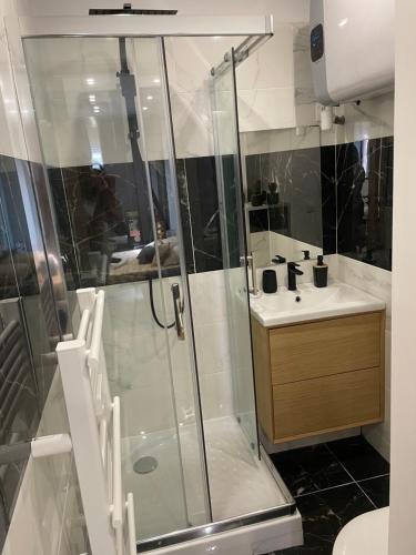 une salle de bain avec douche et lavabo dans l'établissement ChicCosy Studio 2mn RER proche Paris Aéroport Cdg - Supermarché en bas immeuble, à Villepinte
