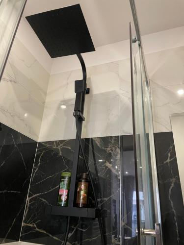 - une lampe au sol noire dans la salle de bains pourvue d'une douche dans l'établissement ChicCosy Studio 2mn RER proximité Paris Aéroport Cdg, à Villepinte