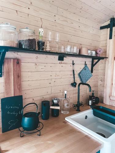 a kitchen with a counter top with a sink and a counter sidx sidx at Tinyhouse Březina in Dolní Bezděkov
