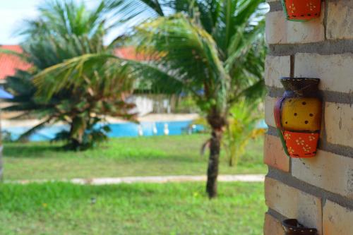 a brick wall with a palm tree in a park at Pousada Oceania in Taíba