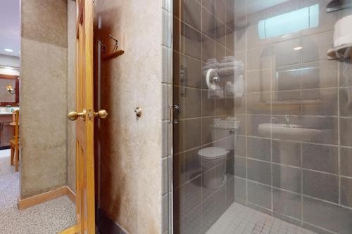 a bathroom with a shower with a toilet and a sink at Shoshone 1922 in Big Sky