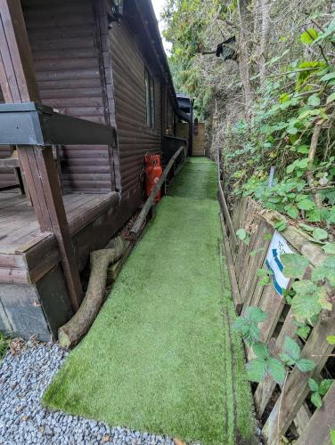 a yard with green grass next to a house at The willow cabin in Bexley