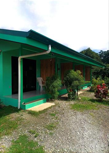 a green house with a chair on the porch at Macaw in Puerto Jiménez