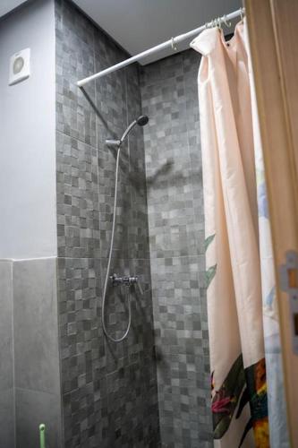 a shower in a bathroom with a tile wall at Cosy appartement 2 BR avec vue panoramique piscine in Aïn Harrouda