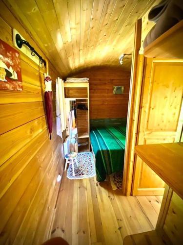 Cette petite chambre comprend un lit vert et une chaise. dans l'établissement Gîte de France La roulotte - Gîte de France 4 personnes MAE-4651, à Cublac