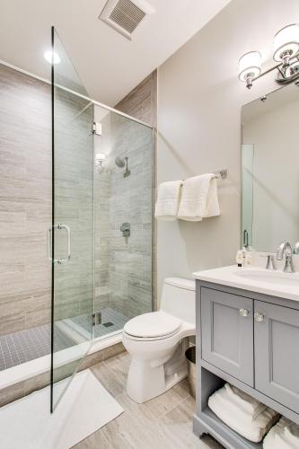 a bathroom with a shower and a toilet and a sink at The Sono Chicago in Chicago